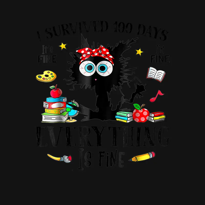 I Survived 100 Days Of School Teacher & Kids Funny Cat Youth Staple T-Shirt