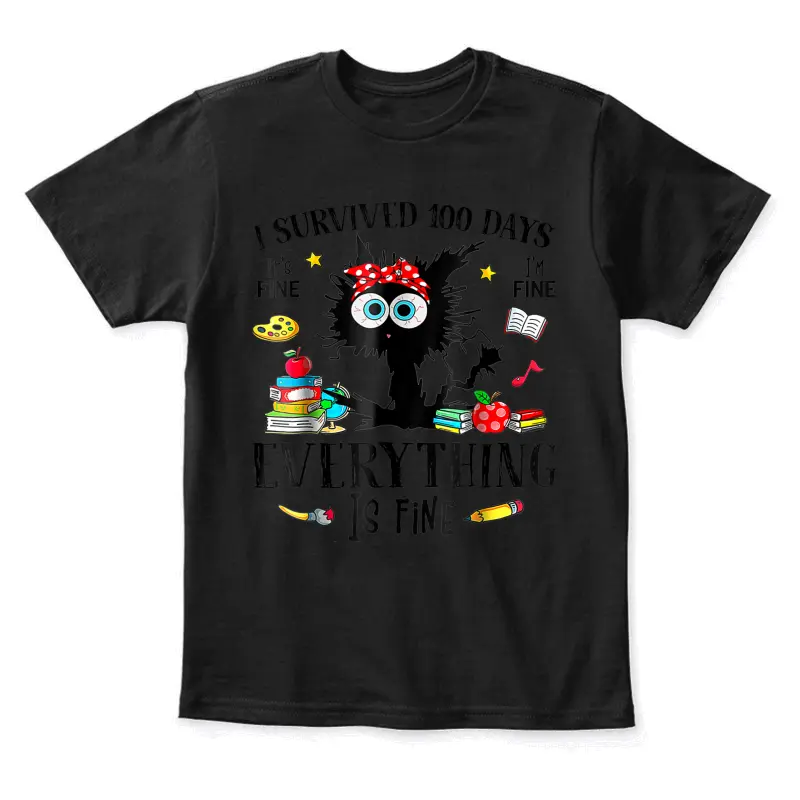 I Survived 100 Days Of School Teacher & Kids Funny Cat Youth Staple T-Shirt