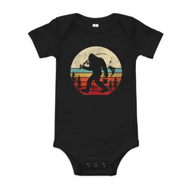 Bigfoot Fishing Funny Retro Sasquatch Dad Men Kids Baby Onesie