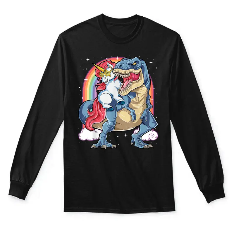 Unicorn Riding T Rex Dinosaur Boys Girls Men Women Rainbow Unisex Long Sleeve T-Shirt