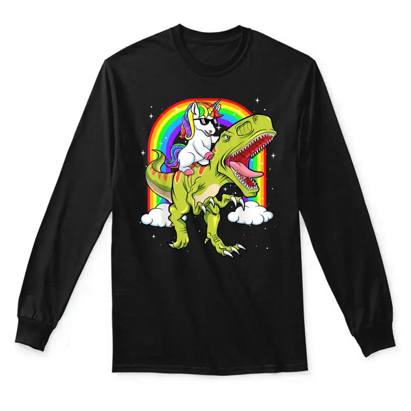 Rainbow Unicorn Riding T Rex - Dinosaur Boys Girls Men Women Unisex Long Sleeve T-Shirt