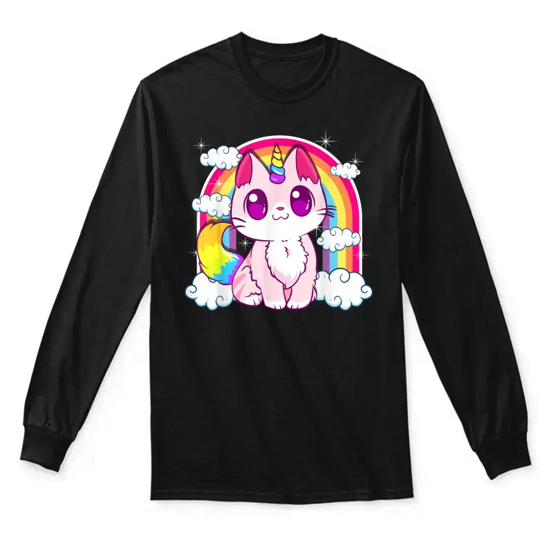 Cute Unicorn Cat Adorable Smiling Rainbow Kitty Unisex Long Sleeve T-Shirt