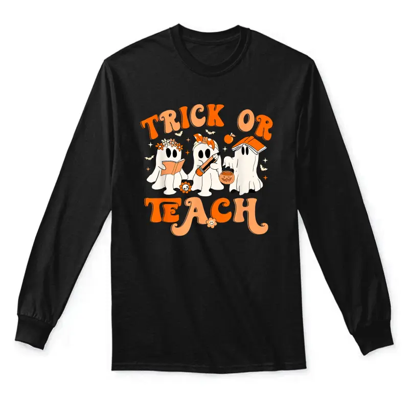 Teacher Halloween Trick Or Teach Retro Groovy Floral Ghost Unisex Long Sleeve T-Shirt