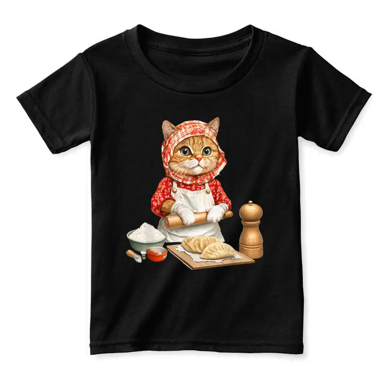 Cute Babushka Cat Making Pierogi Polish For Food Lover Toddler Staple T-Shirt