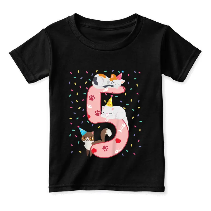 Kids 5Th Birthday Girl Cute Cat Outfit 5 Years Old Bday Party Toddler Staple T-Shirt