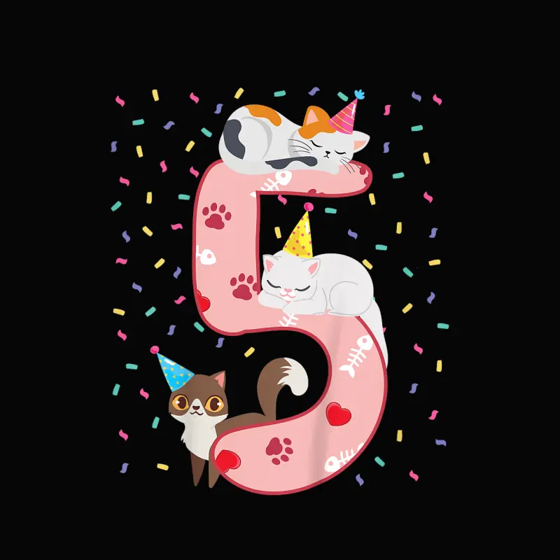 Kids 5Th Birthday Girl Cute Cat Outfit 5 Years Old Bday Party Toddler Staple T-Shirt