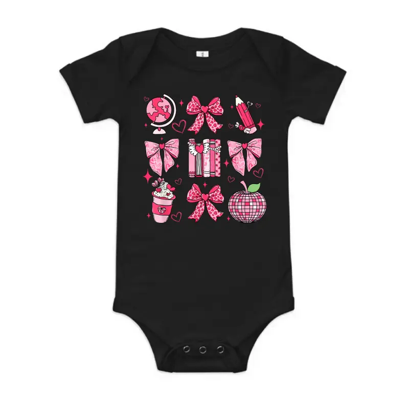 Coquette Pink Bow Ribbons Apple Book Teacher Valentine's Day Baby Onesie