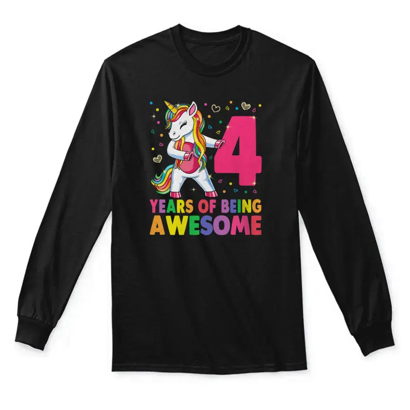 4 Years Old Unicorn Flossing 4Th Birthday Girl Unicorn Party Unisex Long Sleeve T-Shirt