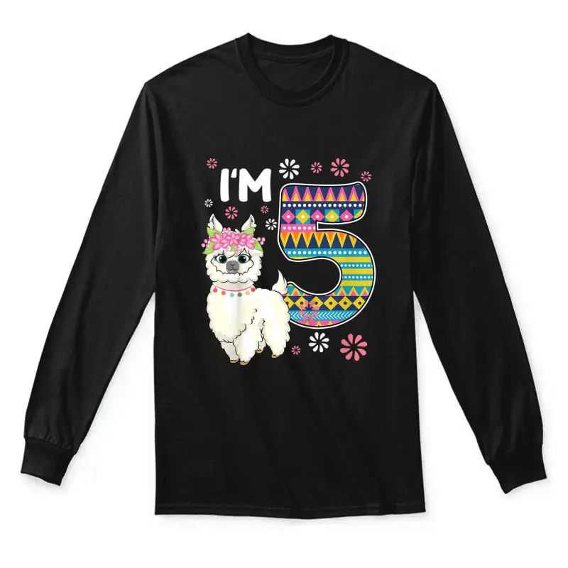 Kids Birthday Llama I'm 5 Year Old Girl Theme 5Th B-Day Farm Gift Unisex Long Sleeve T-Shirt