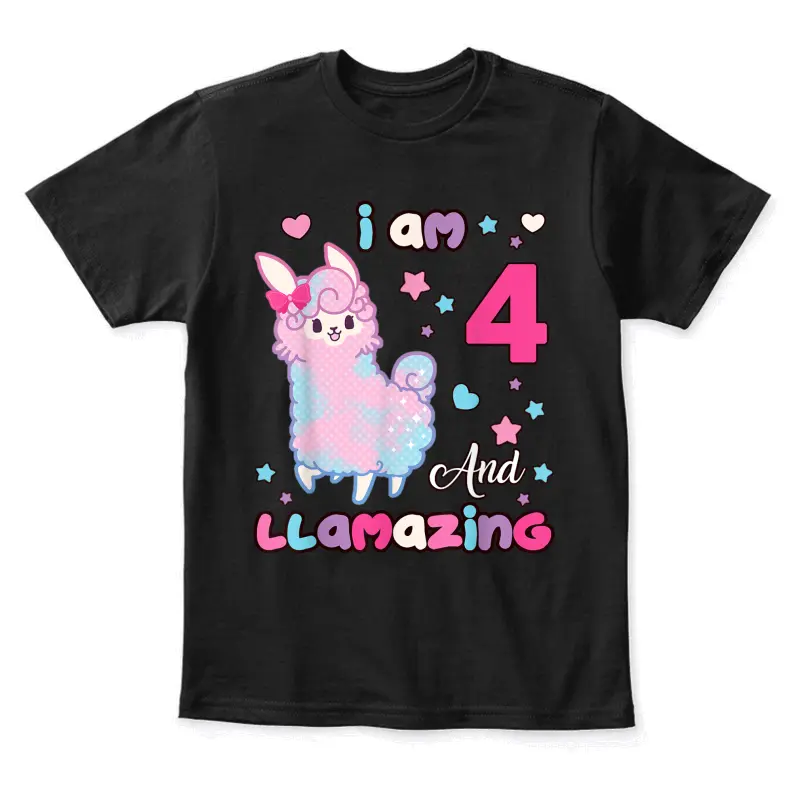 Llama 4 Years Old 4Th Birthday Girl I Am Four And Llamazing Youth Staple T-Shirt