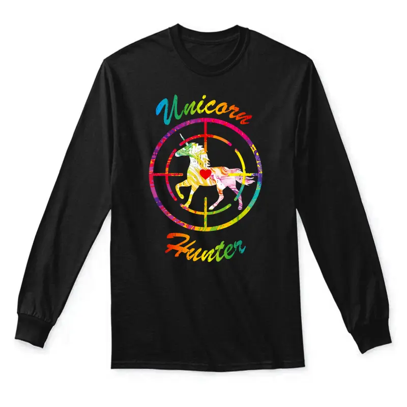 Unicorn Hunter Mens Boys Rainbow Horse Humor Hate Unicorns Unisex Long Sleeve T-Shirt