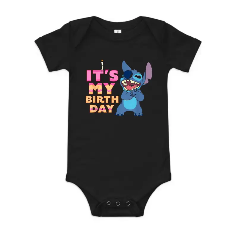 Disney Lilo & Stitch It's My Birthday Happy Retro Text Stack Baby Onesie
