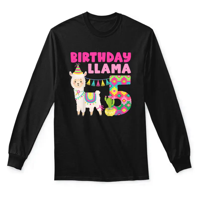 Kids 5Th Llama Birthday 5 Year Old Alpaca Llama Birthday Unisex Long Sleeve T-Shirt