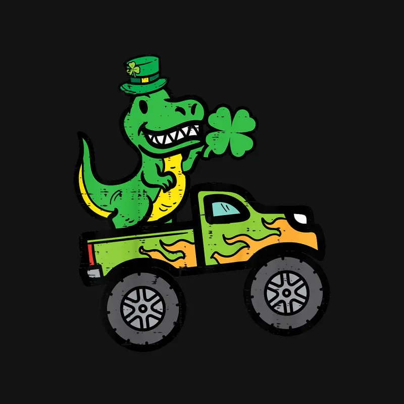 Kids St Patricks Day Dino Monster Truck Saint Pattys Boys Toddler Youth Staple T-Shirt