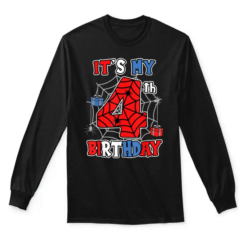 It's My 4Th Birthday Spider Theme Party 4 Year Old Boys Kids Unisex Long Sleeve T-Shirt