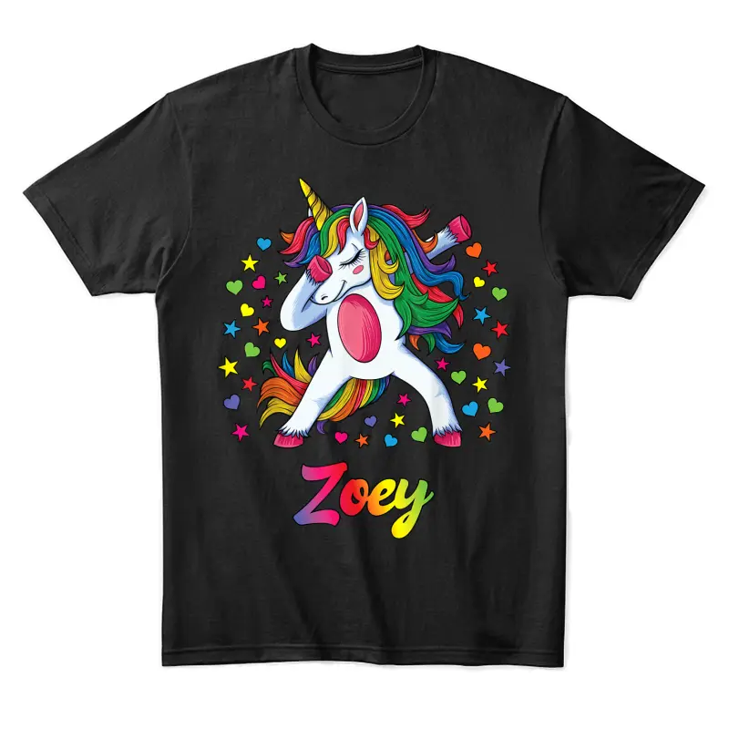 Zoey Dabbing Unicorn Rainbow Personalized Name Custom Unisex Staple T-Shirt