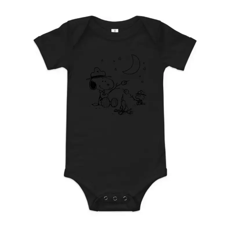Peanuts - Snoopy And Woodstore Camping With Smores Baby Onesie