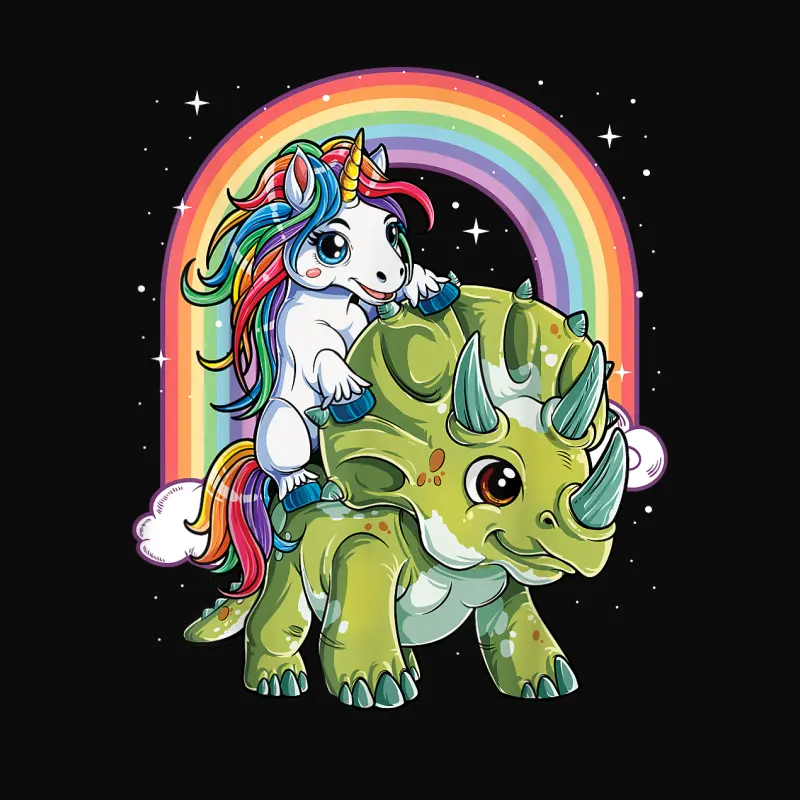 Unicorn Riding Dinosaur Triceratops Funny Boys Girls Rainbow Unisex Staple T-Shirt