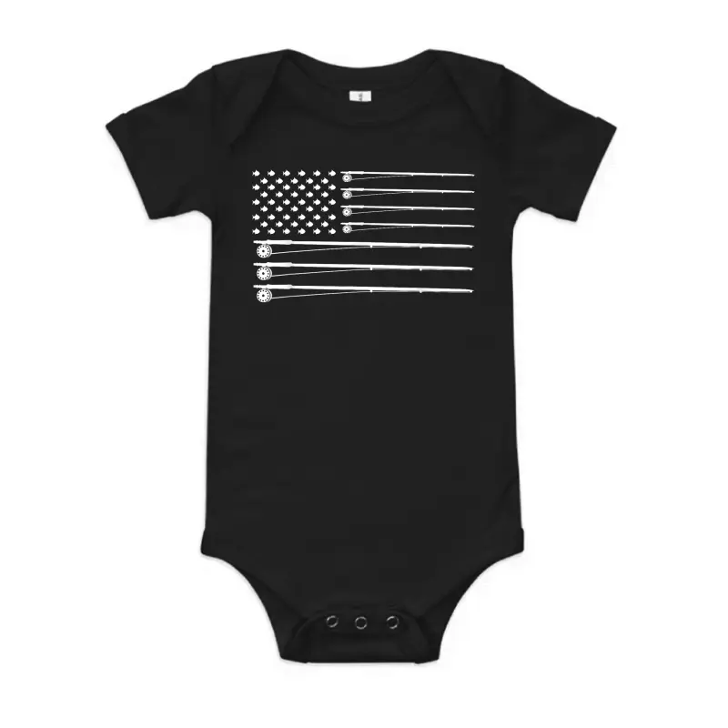 Fly Rod Fishing American Flag  T-Shirt Baby Onesie