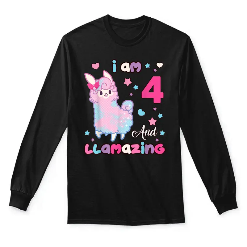 Llama 4 Years Old 4Th Birthday Girl I Am Four And Llamazing Unisex Long Sleeve T-Shirt