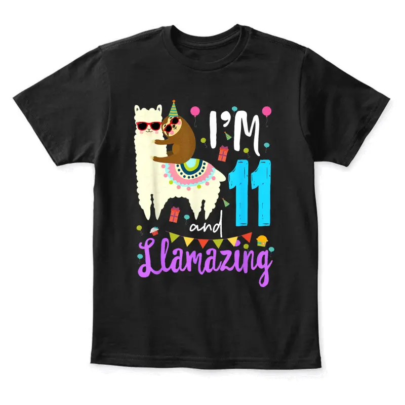I'm 11 And Llamazing Funny 11Th Birthday Sloth Llama Youth Staple T-Shirt
