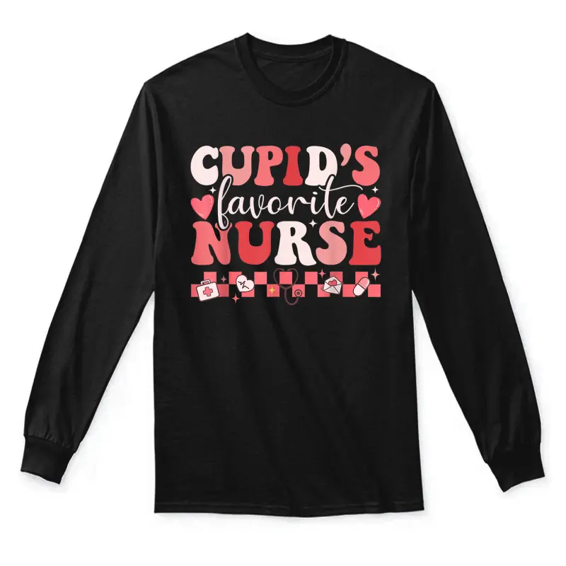 Groovy Retro Cupid's Favorite Nurse Valentine's Day Funny Unisex Long Sleeve T-Shirt