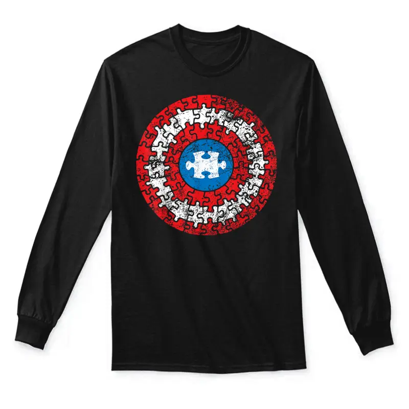 Captain Autism Aspergers Awareness Superhero Puzzle Shield Unisex Long Sleeve T-Shirt