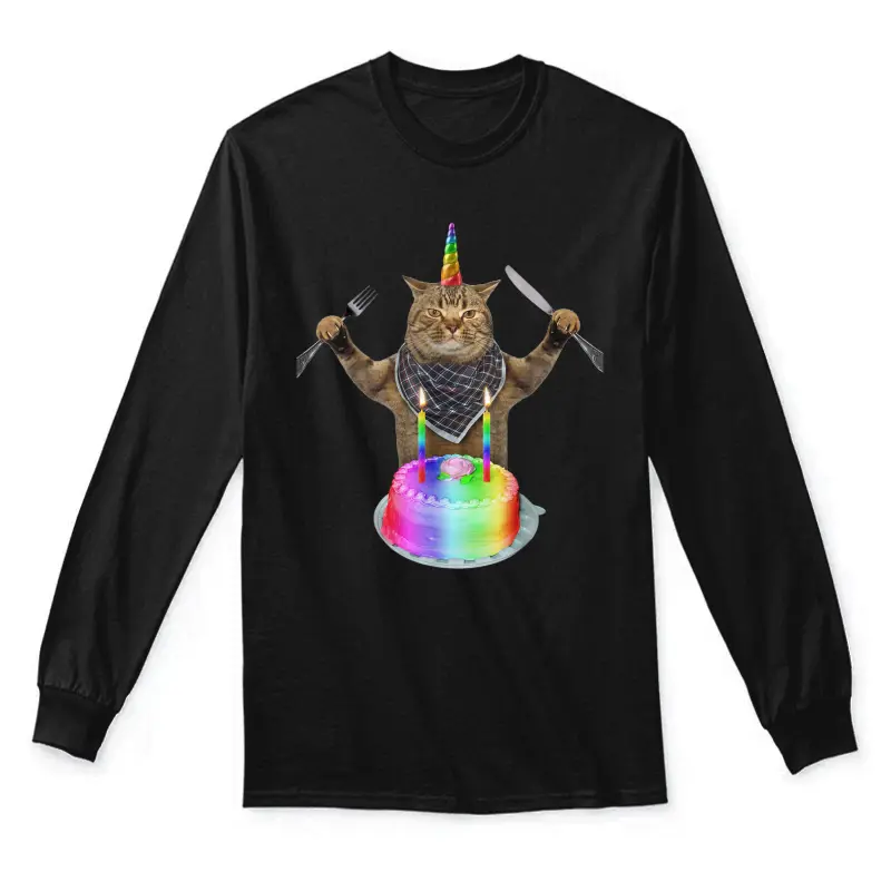 Funny Cat Unicorn With A Birthday Cake Unisex Long Sleeve T-Shirt