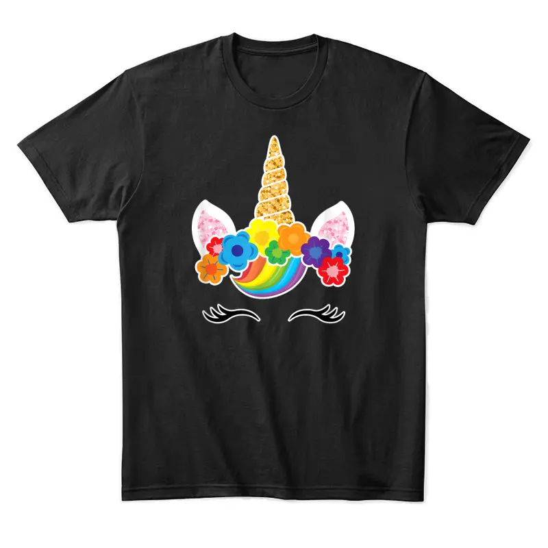 Rainbow Unicorn Face Shirt Birthday Girl Eyelashes Flowers Unisex Staple T-Shirt