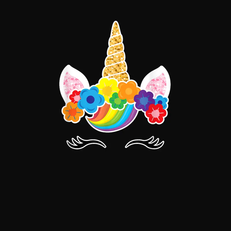 Rainbow Unicorn Face Shirt Birthday Girl Eyelashes Flowers Unisex Staple T-Shirt