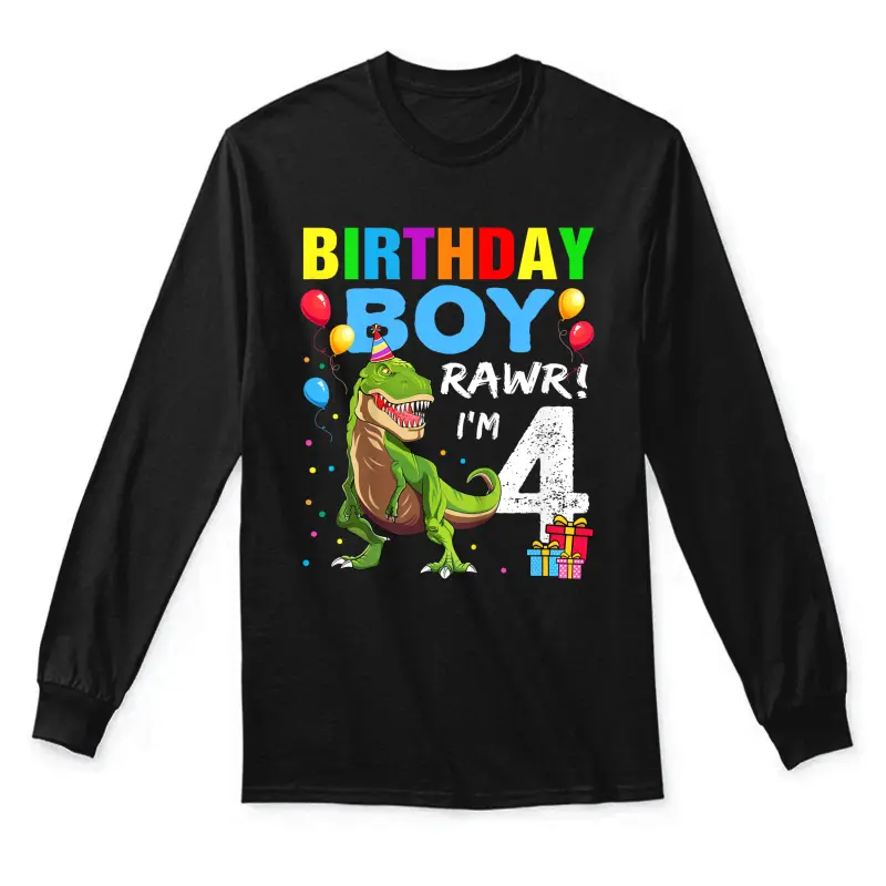 Kids 4 Year Old Shirt 4Th Birthday Boy T Rex Dinosaur Shirt Unisex Long Sleeve T-Shirt