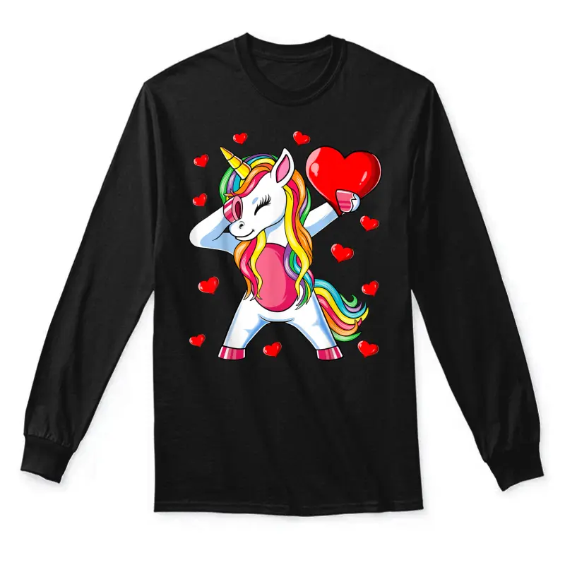 Dabbing Unicorn Heart Valentines Day Girls Kids Rainbow Gift Unisex Long Sleeve T-Shirt