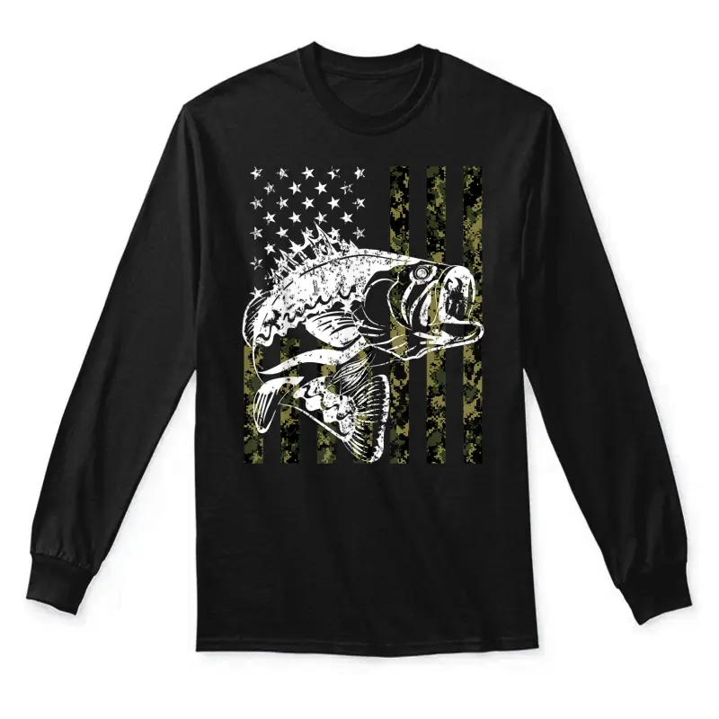 Fishing, Camouflage American Flag Fish, Bass Fish Fisherman Unisex Long Sleeve T-Shirt