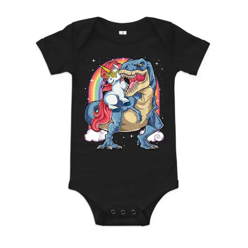Unicorn Riding T Rex Dinosaur Boys Girls Men Women Rainbow Baby Onesie