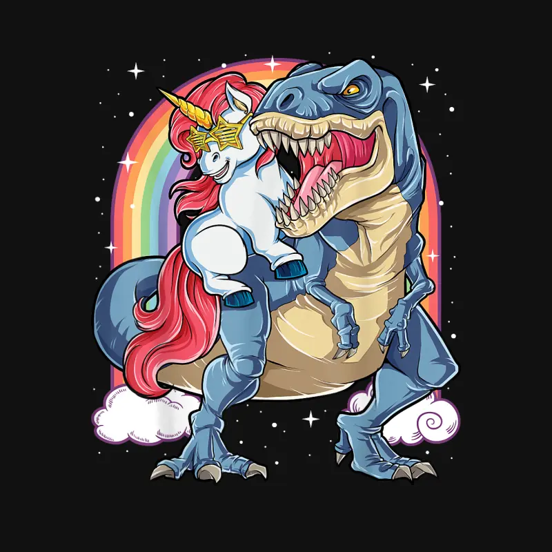 Unicorn Riding T Rex Dinosaur Boys Girls Men Women Rainbow Baby Onesie