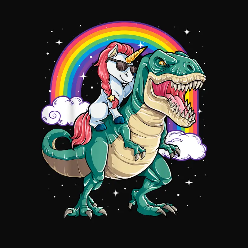 Unicorn Riding T Rex Dinosaur Boys Girls Men Women Rainbow Unisex Staple T-Shirt