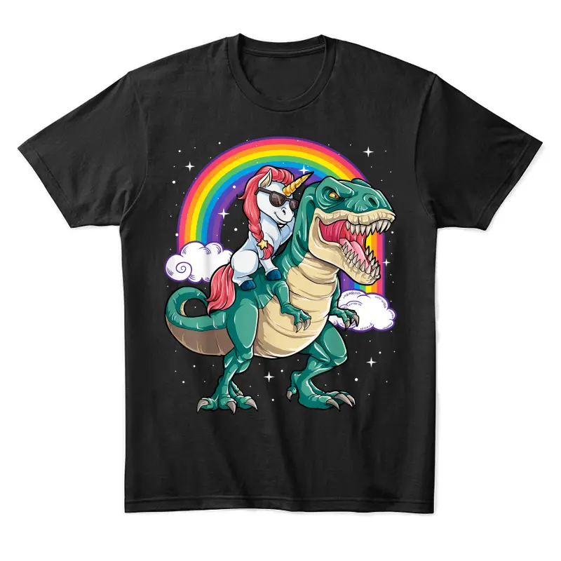 Unicorn Riding T Rex Dinosaur Boys Girls Men Women Rainbow Unisex Staple T-Shirt