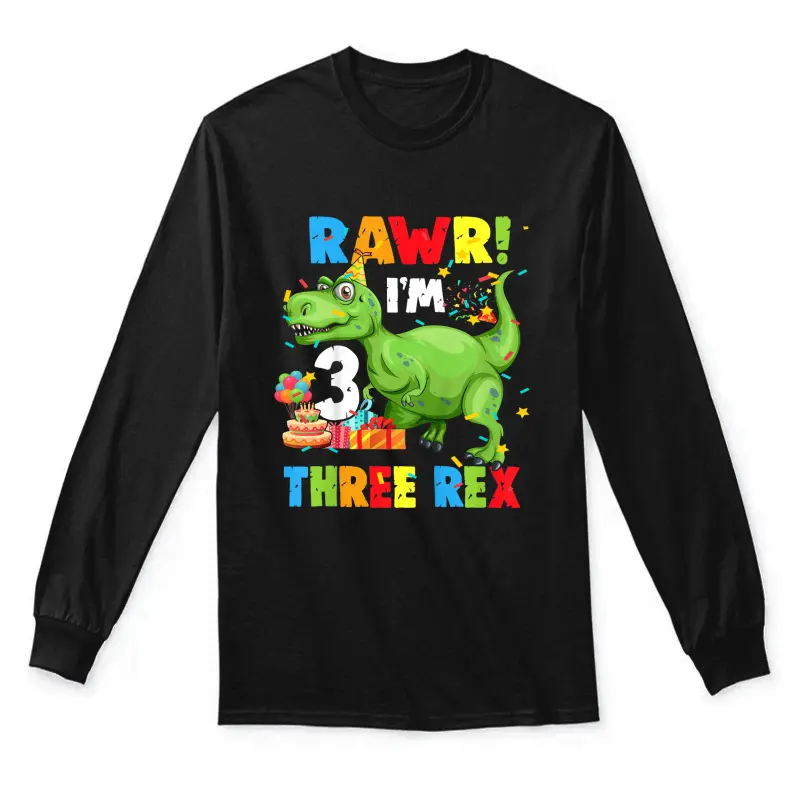 Kids Three Rex Birthday Party Outfit Dinosaur 3 Year Old Boy Unisex Long Sleeve T-Shirt