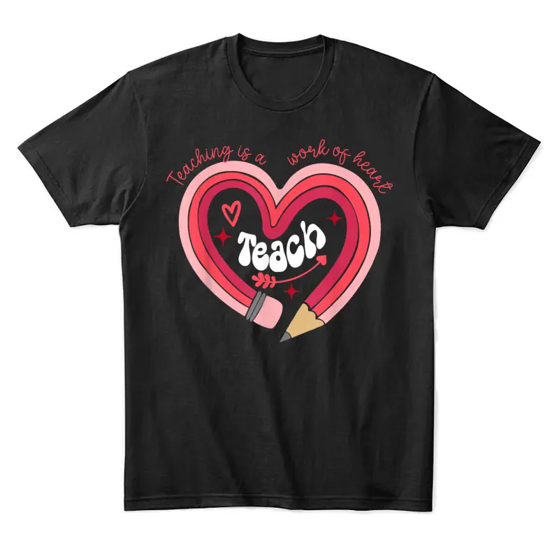 Teacher Valentines Day Teaching Is A Work Of Heart Pencil Unisex Staple T-Shirt