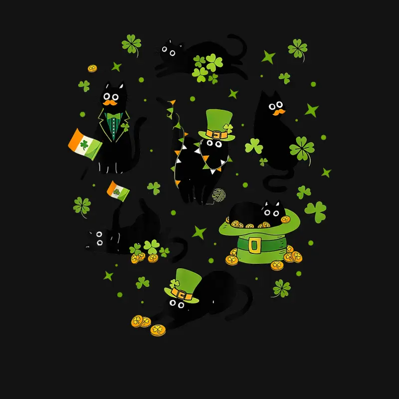 St Patricks Day Black Cat With Shamrock Irish Matching Unisex Long Sleeve T-Shirt