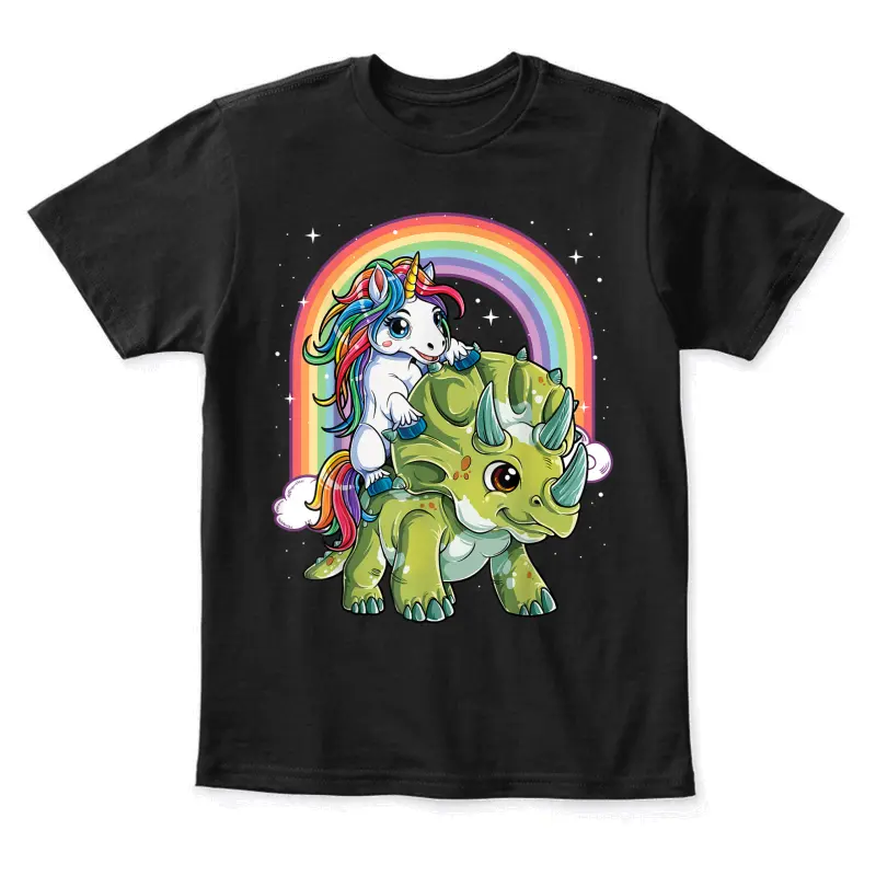 Unicorn Riding Dinosaur Triceratops Funny Boys Girls Rainbow Youth Staple T-Shirt