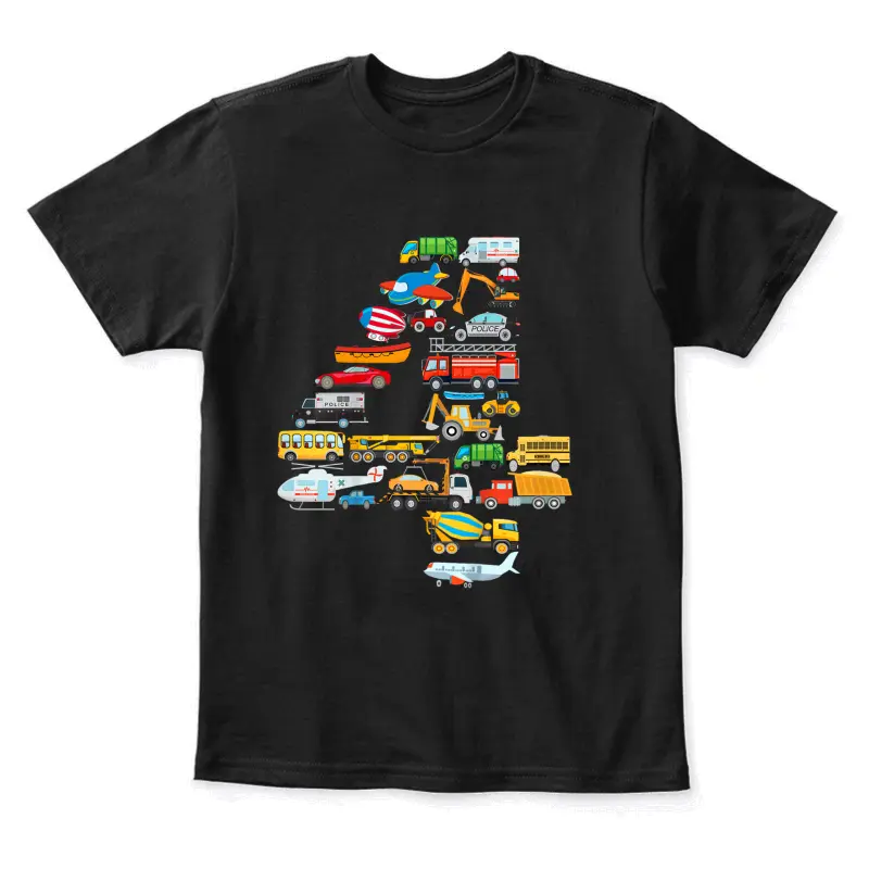 Kids 4Th Birthday For Boys Cars Vehicles Fire Truck Airplane Youth Staple T-Shirt