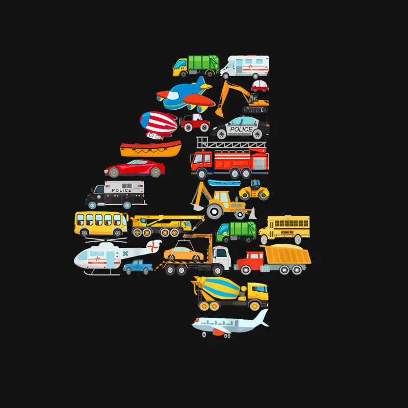 Kids 4Th Birthday For Boys Cars Vehicles Fire Truck Airplane Youth Staple T-Shirt